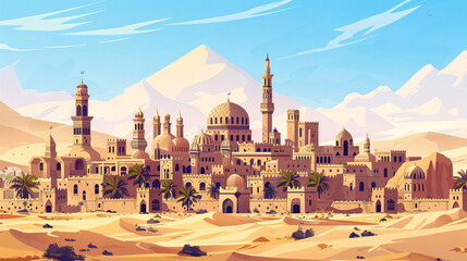 Flat cartoon-style depiction of a Middle Eastern cityscape with desert surroundings, featuring traditional architecture and sand dunes, with ample copy space