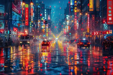 Fototapeta premium A vibrant and dynamic cityscape illuminated by a multitude of colorful lights.