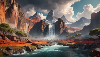 Majestic Waterfall in a Mountain Valley.
