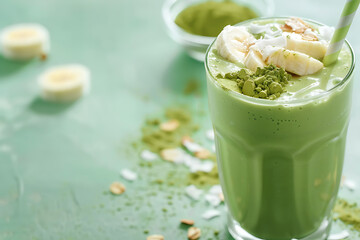 Delicious matcha banana smoothie topped with mint leaves and banana slices, set against a soft green background.