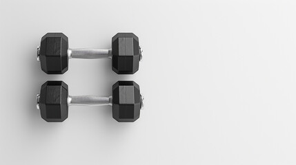 Two black hexagonal dumbbells arranged parallel on a white background, emphasizing fitness and strength training.