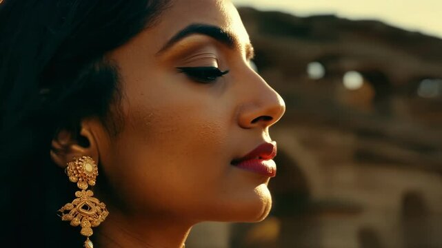 A closeup of a womans striking profile set against the backdrop of the ancient ruins with the faint glint of gold jewelry peeking through the cracks representing a sense of lost