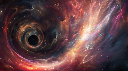 A wormhole opening in deep space, swirling with energy and distorting light