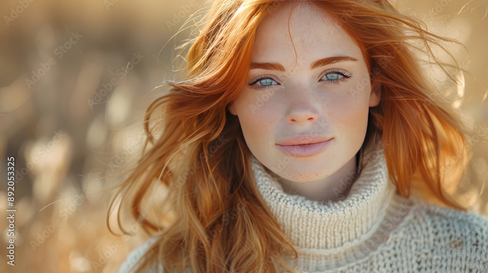 Poster Beautiful woman with long red hair, wearing light sweater, looking at camera.