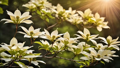 White Dogwood Flowers In Sunlight.