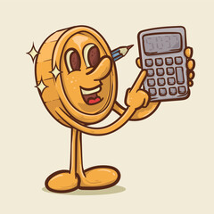 money calculation concept. shine coin mascot with face holding calculator concept.vintage style money mascot cartoon character vector illustration