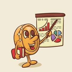 financial report concept. shine coin mascot presenting finance chart concept.vintage style money mascot cartoon character vector illustration