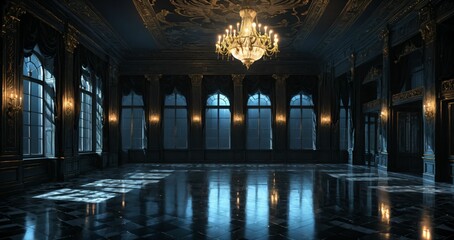 dark ballroom room interior of palace mansion gothic castle at night. elegant formal art deco decor and floral embellishments.