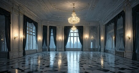 white ballroom mansion palace interior of building.  marble flooring stone floors. baroque gothic art deco design with windows, curtains, and chandelier.