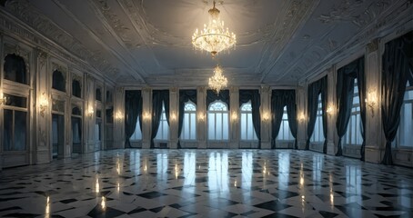 white ballroom mansion palace interior of building.  marble flooring stone floors. baroque gothic art deco design with windows, curtains, and chandelier.