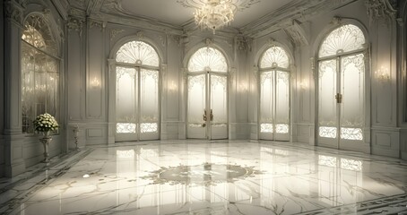 interior of palace entrance lobby doorway door in white mansion elegant art deco design. floral flower embellishments patterns with a chandelier.