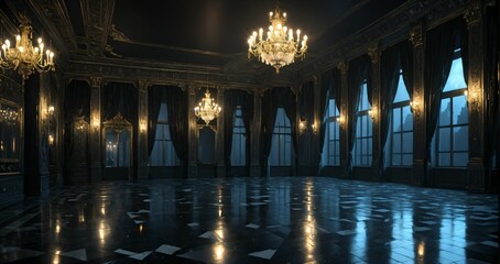 dark ballroom room interior of palace mansion gothic castle at night. elegant formal art deco decor and floral embellishments.