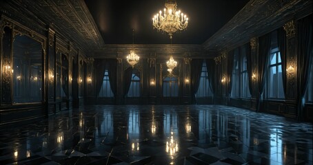 Obraz premium dark ballroom room interior of palace mansion gothic castle at night. elegant formal art deco decor and floral embellishments.