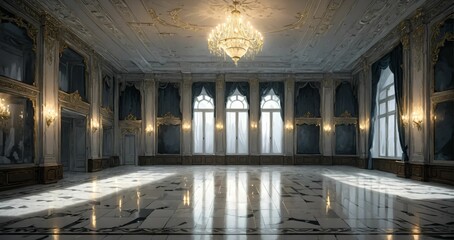 Obraz premium white ballroom mansion palace interior of building. marble flooring stone floors. baroque gothic art deco design with windows, curtains, and chandelier.