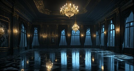 Obraz premium dark ballroom room interior of palace mansion gothic castle at night. elegant formal art deco decor and floral embellishments.