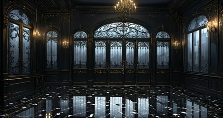 dark black door doorway entrance lobby of industrial gothic castle palace mansion. art deco art nuevo goth style with filigree ornamentals and patterns.