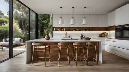 White and wooden kitchen interior with island.