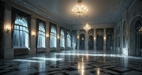 Obraz premium white ballroom mansion palace interior of building. marble flooring stone floors. baroque gothic art deco design with windows, curtains, and chandelier.