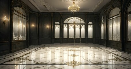 Obraz premium palace ballroom entrance doorway door lobby hallway in mansion building interior. black on white art nuevo art deco design and gothic style.