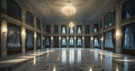 Obraz premium white ballroom mansion palace interior of building. marble flooring stone floors. baroque gothic art deco design with windows, curtains, and chandelier.