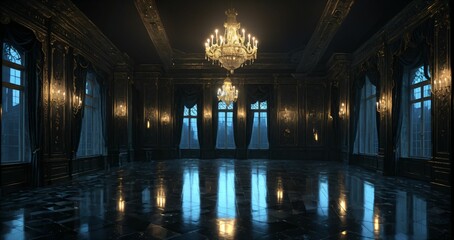 dark ballroom room interior of palace mansion gothic castle at night. elegant formal art deco decor and floral embellishments.