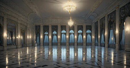 Obraz premium white ballroom mansion palace interior of building. marble flooring stone floors. baroque gothic art deco design with windows, curtains, and chandelier.