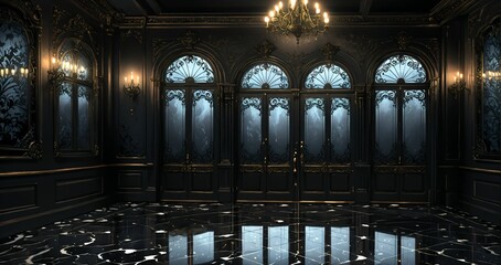 dark black door doorway entrance lobby of industrial gothic castle palace mansion. art deco art nuevo goth style with filigree ornamentals and patterns.