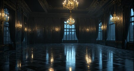 dark ballroom room interior of palace mansion gothic castle at night. elegant formal art deco decor and floral embellishments.