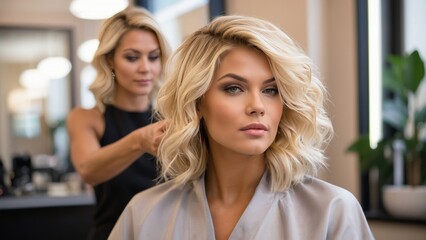 Blonde woman getting hair styled at salon