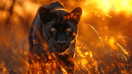 A black panther walks through the savannah at golden hour, its sleek fur glistening.
