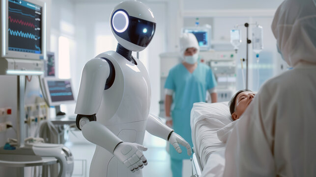 Humanoid assisting doctor in examining patient in modern hospital room with medical equipment. Sense of innovation, efficiency, and compassionate care provided by robot in collaboration with human.