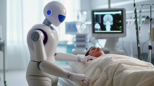 Robots help doctors care for patients in modern hospital room with medical equipment. Sense of innovation, efficiency, and compassionate care provided by robot in collaboration with human.