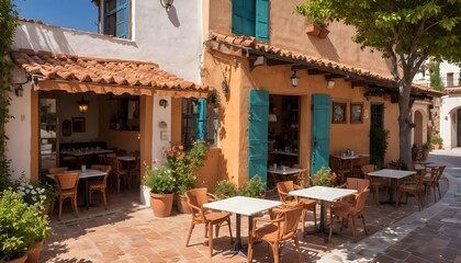 A cute coffee shop on the side of the road in Spain, sunny, perfect light no people