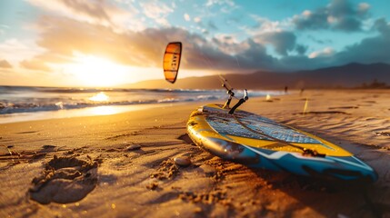 kitesurfing board resting on a sandy beach with the kite in the background