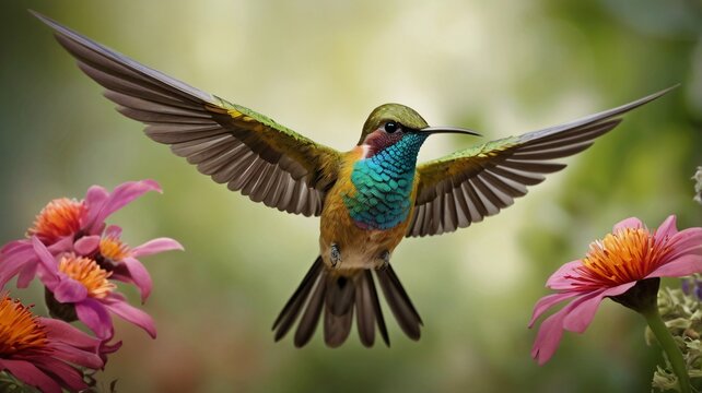 A colorfull flying hummbingbird near of the flower