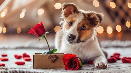 Valentine s Day Presents Adorable Dog with Rose and Heart Box