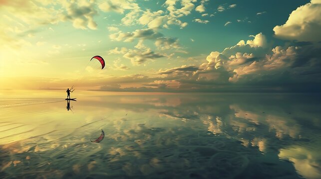 kitesurfing board floating on the water with the kite flying overhead