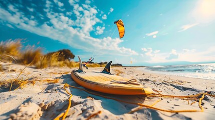 kitesurfing board resting on a sandy beach with the kite in the background