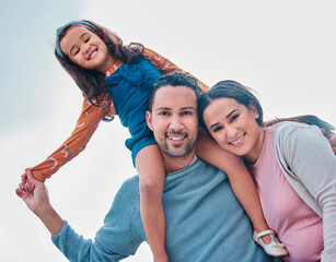 Mom, dad and child on piggyback ride from happy parents in nature park for fun, summer bonding and...