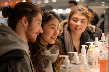 Obraz premium Consumers interacting with a product at a pop-up shop.