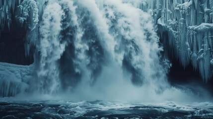 Powerful waterfall cascades down a cliff face, partially frozen in mid-air. The icy formations create a dramatic contrast with the turbulent water, which churns and foams at the base of the falls. 