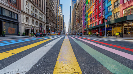 Empty city street with rainbow crosswalks symbolizing pride and unity