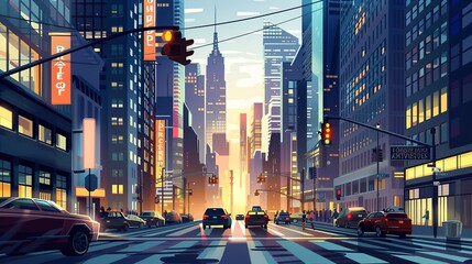 street city urban background illustration traffic skyscrapers, downtown metropolis, hustle bustle...