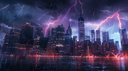 Dramatic lightning bolts streaking across a city skyline during a stormy night 