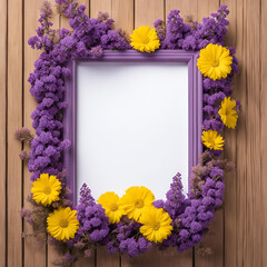Photo frame decorated with statice flowers, and wooden background.