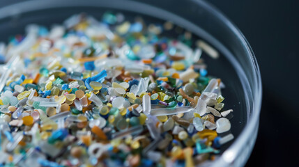 Close-Up of Microplastics in Petri Dish. detailed close-up of colorful microplastics in a petri dish, highlighting the issue of plastic pollution and environmental impact.