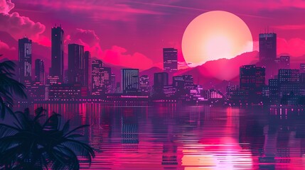 Obraz premium Purple retrowave city synthwave cityscape.