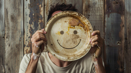 Man doing dishes with dirty plate and smiley face