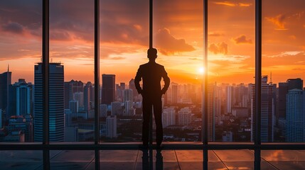Fototapeta premium Silhouette of businessman gazing out at city skyline at sunset from office 