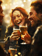 Happy people drinking beer. AI generative.
